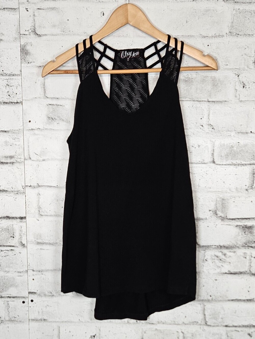 Oxygen Black Strappy Racerback Tank Top Mesh Detail Size Medium
